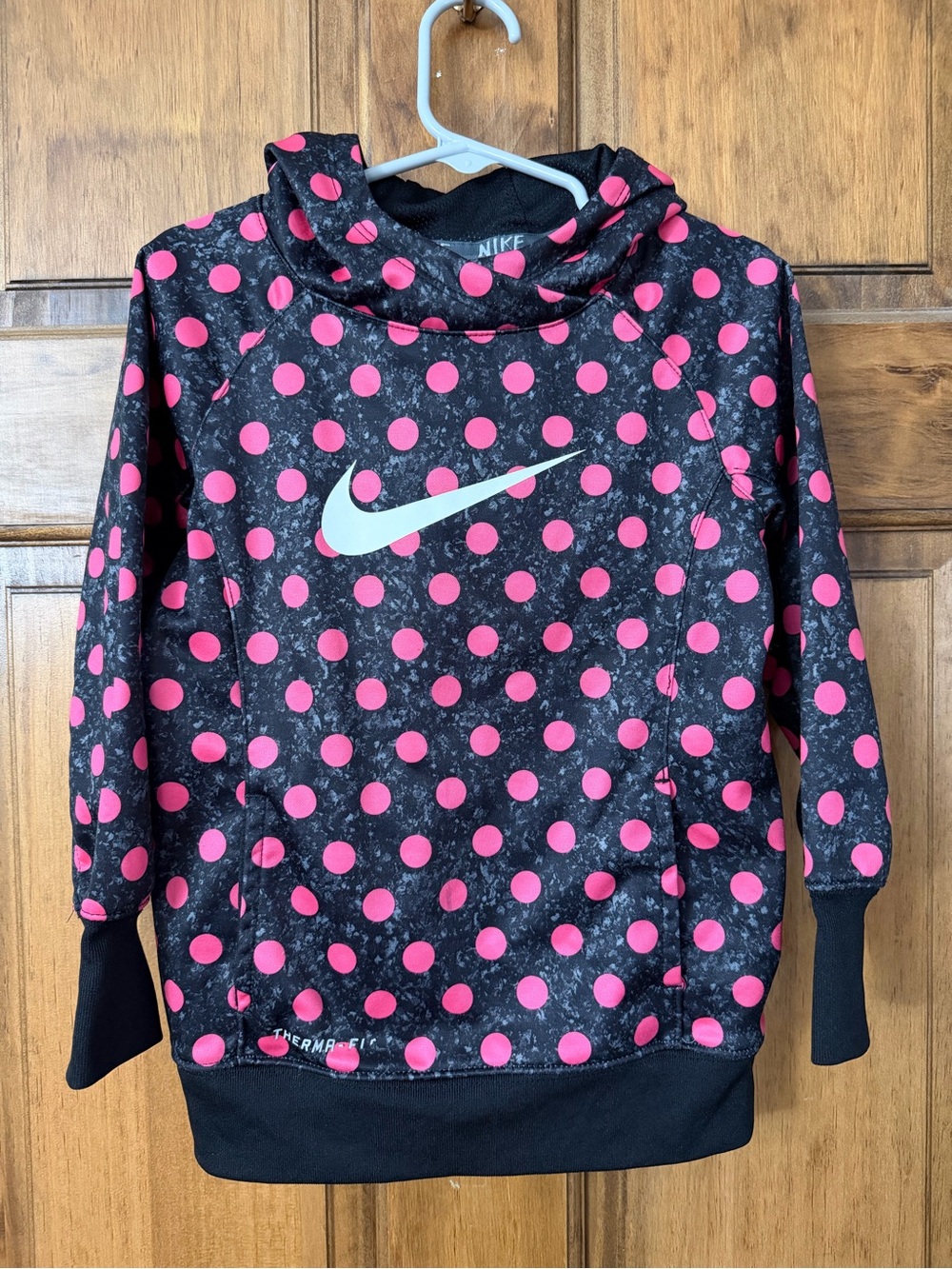 Nike Kids Black Hoodie with Pink Polka Dots and White Swoosh